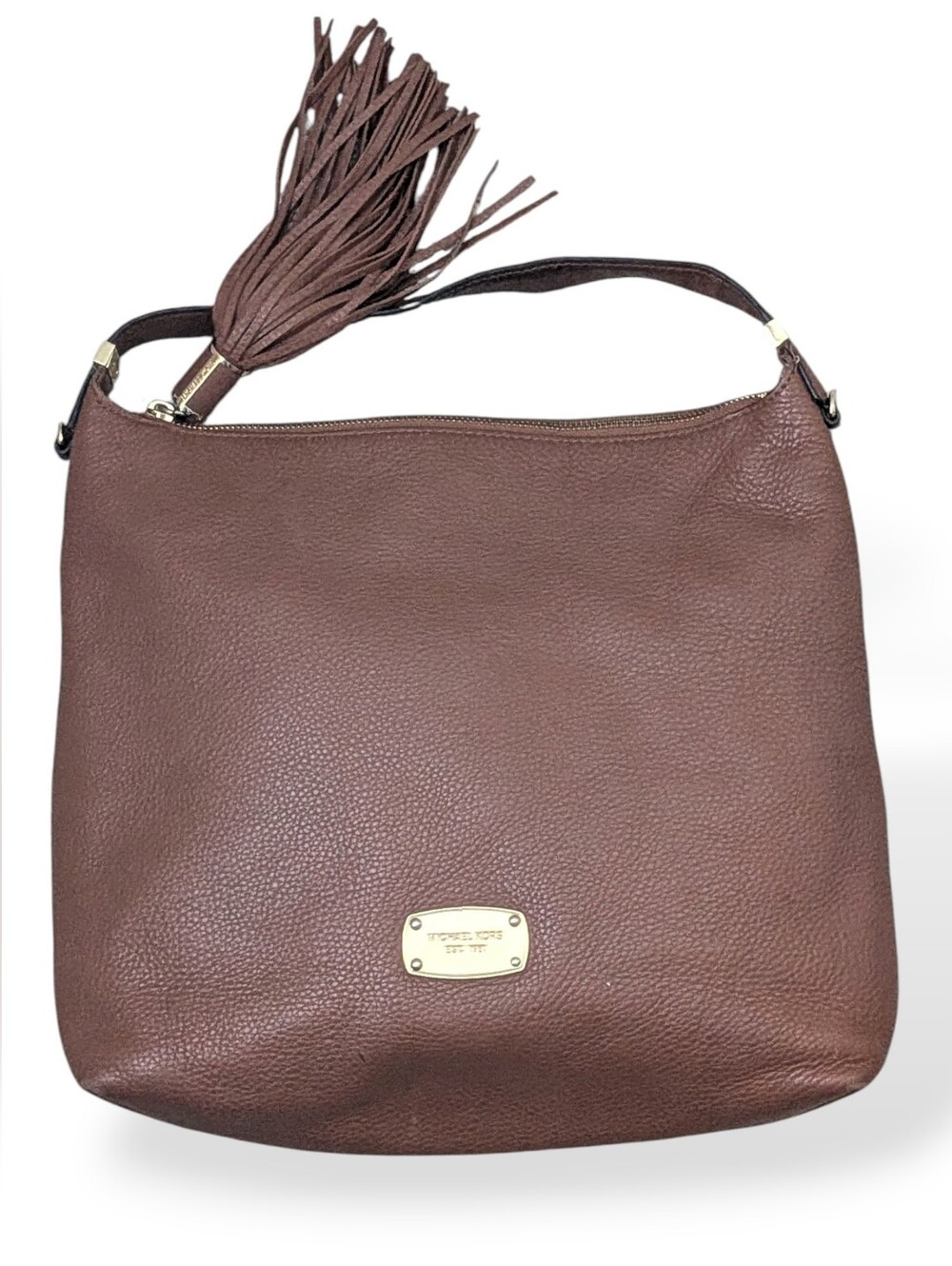 Michael Kors Bedford TZ Hobo Bag Women Brown Pebbled Leather Tassel Logo Plate
